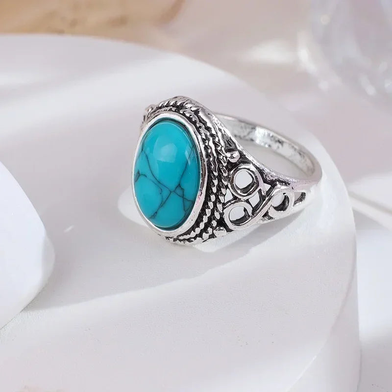 Fashion Retro Elegant Ring Natural Turquoise Wedding Engagement