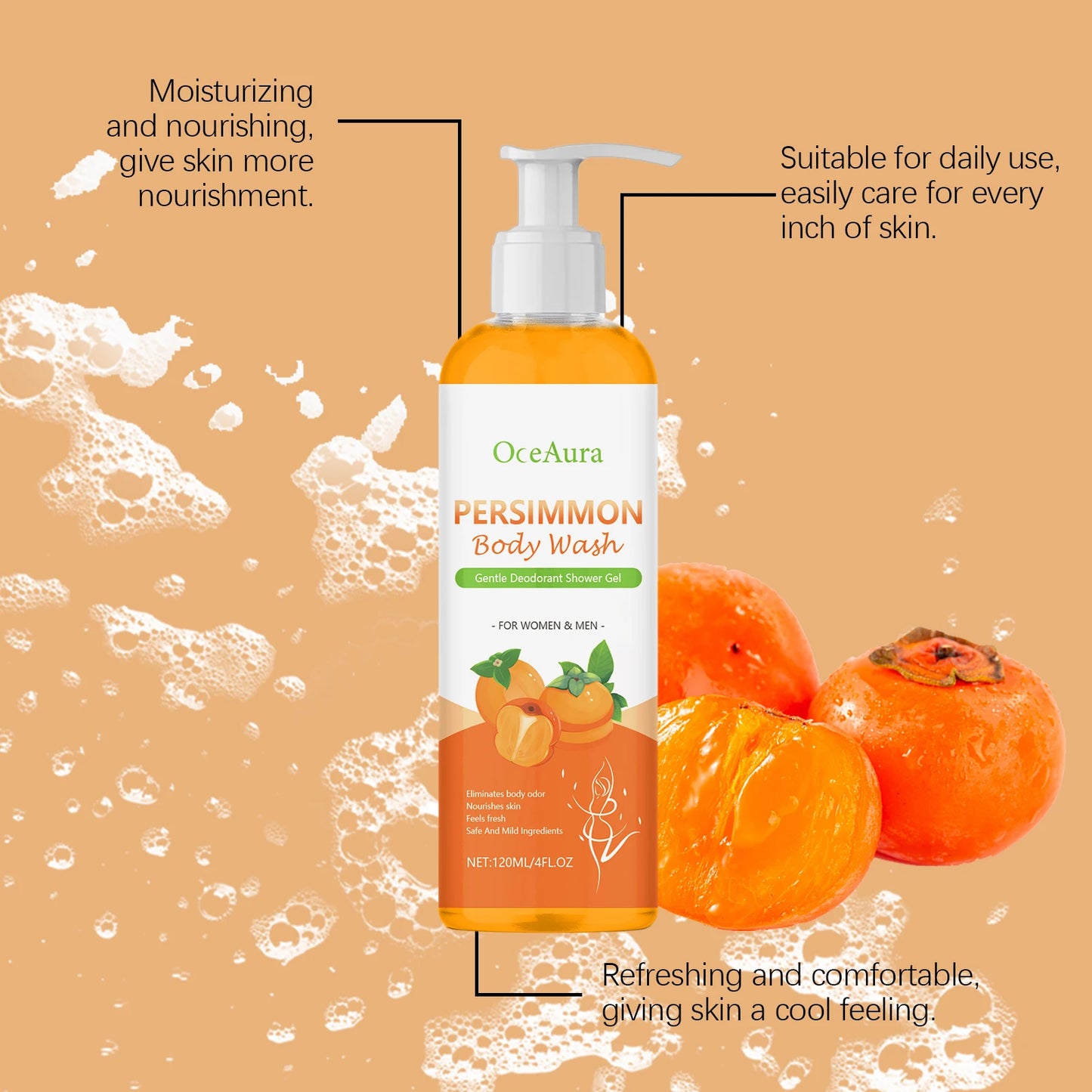 OceAura Persimmon Body Wash – Odor Control & Moisturizing Shower Gel