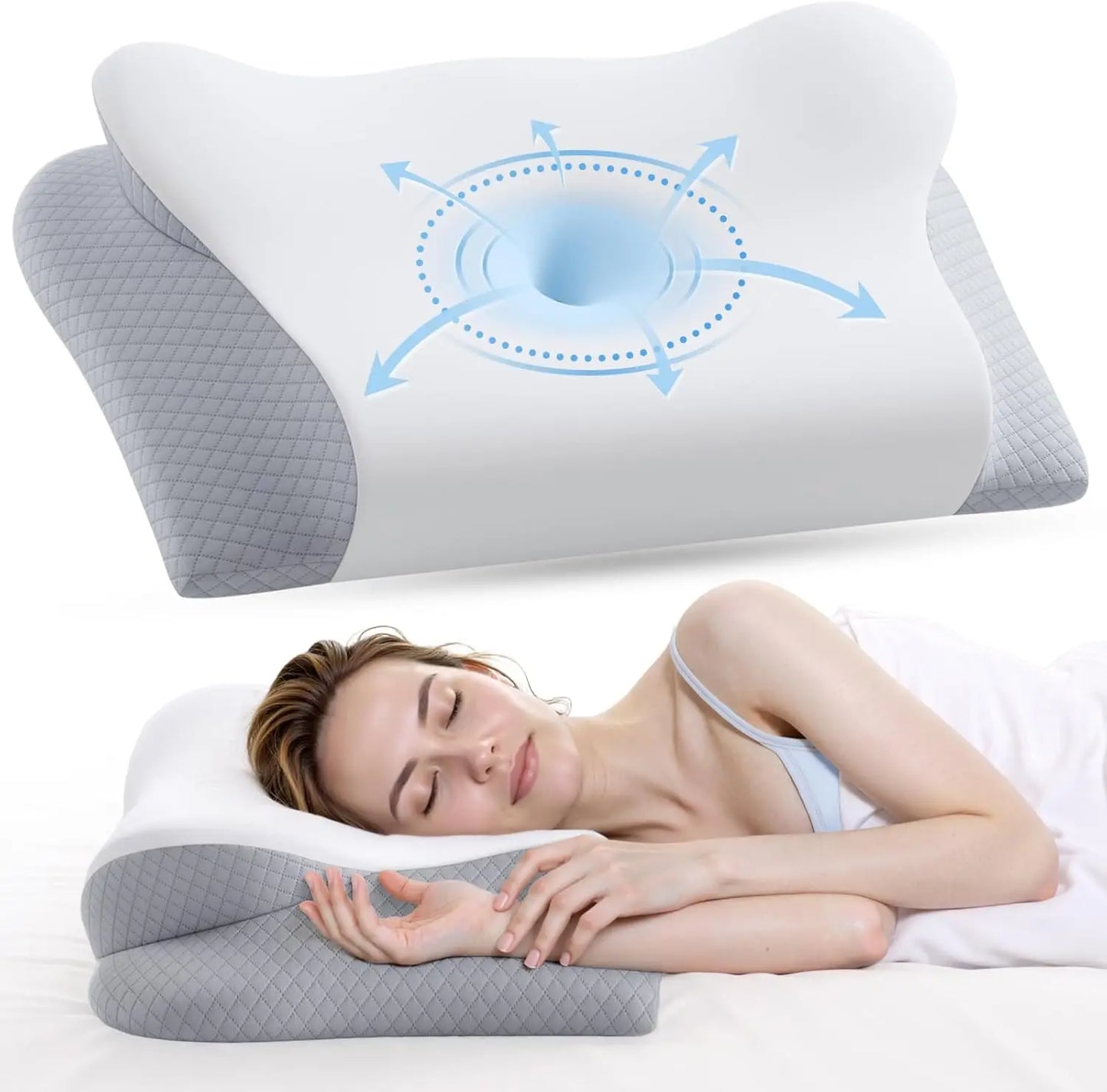 Ergonomic pillow with a diagram and a person sleeping on it
