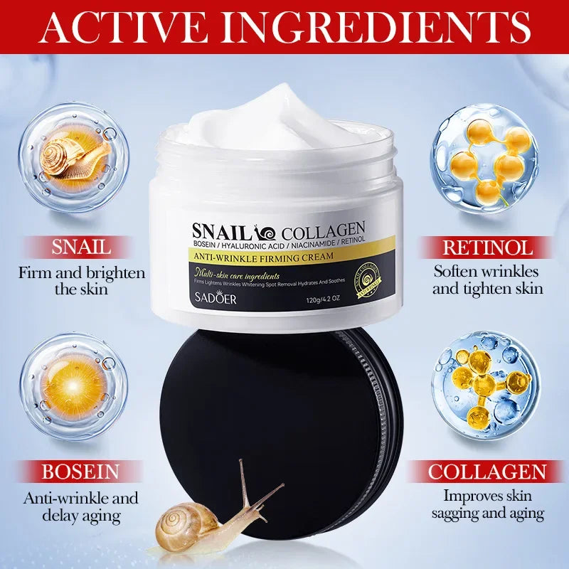 SADOER Snail Collagen Anti Wrinkles Face Cream Firming Moisturizing Skin Whitening Anti-aging Hydrating Facial Cream Skin Care Peaceful Pleasures Health and Wellness