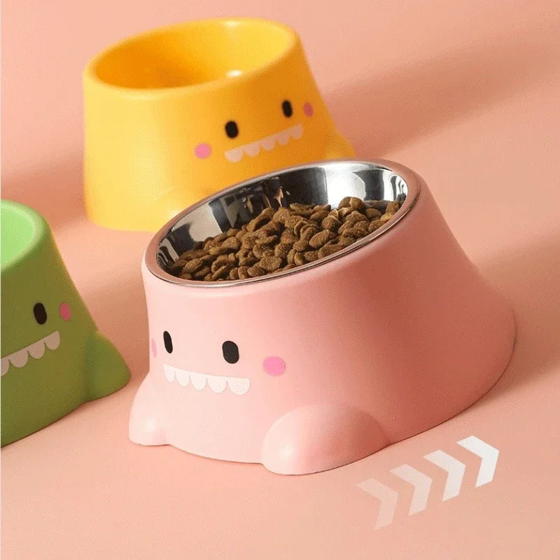 Cartoon Dinosaur Elevated Tilted Pet Bowl | Stainless Steel
