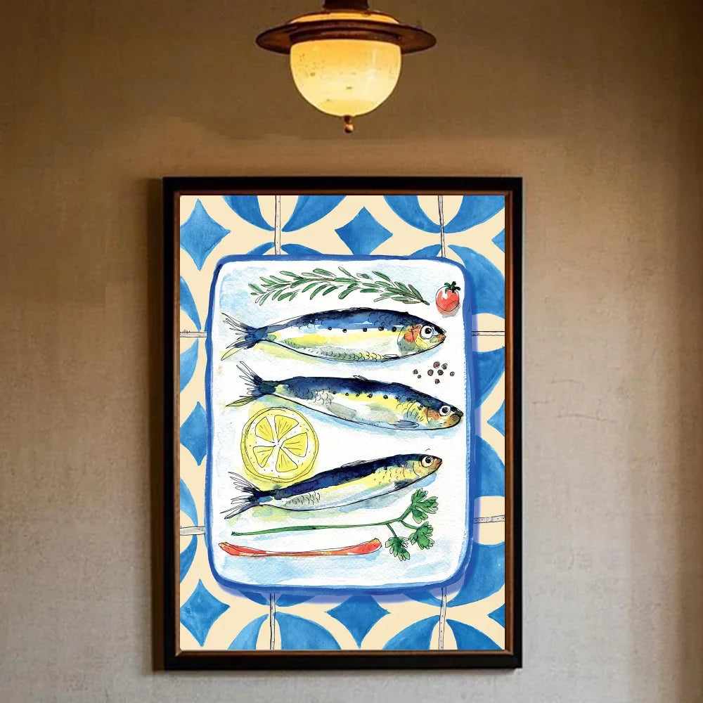 Colorful Sardines & Lobsters Canvas Wall Art | Ocean Fish Print
