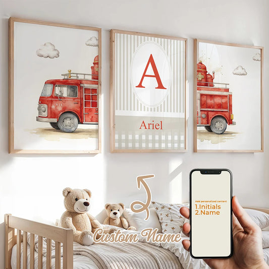 Personalized Fire Truck Canvas Wall Art Set – Kids Room Decor Personalized Canvas Art Peaceful Pleasures Health and Wellness GA-N030-3pcs 50x70cm Unframed