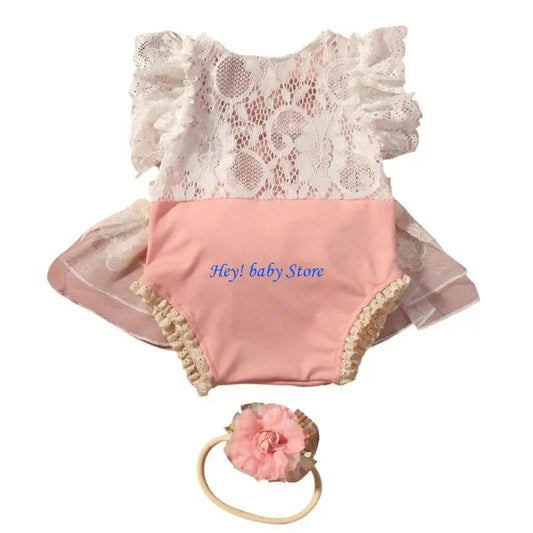 Lace Ruffled Baby Romper Dress & Headband | Newborn Photo Outfit Baby Romper Set Peaceful Pleasures Health and Wellness