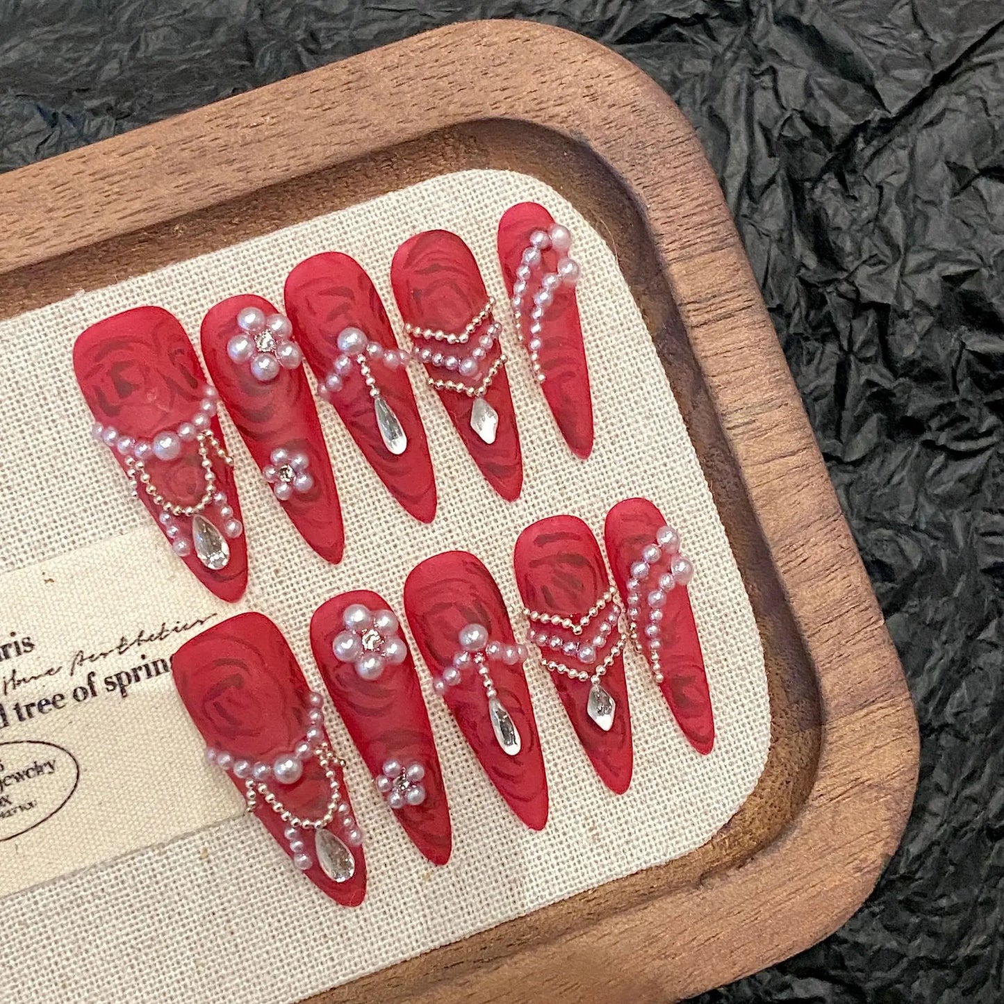 Matte Red Pearl Press-On Nails | Long Almond Wedding Nails