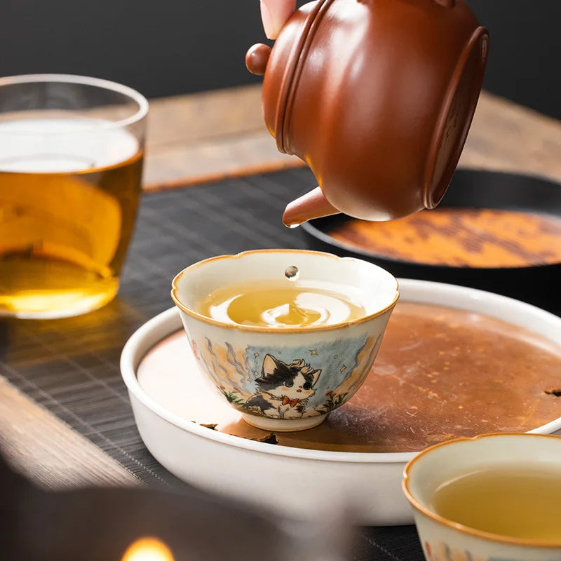 Ceramics Lovely Cat Your Ru Kiln Sunflower Mouth Teacup Master Cup Ceramic Personal Special Tasting Cup Ice Crack Glaze Tea Bowl Peaceful Pleasures Health and Wellness