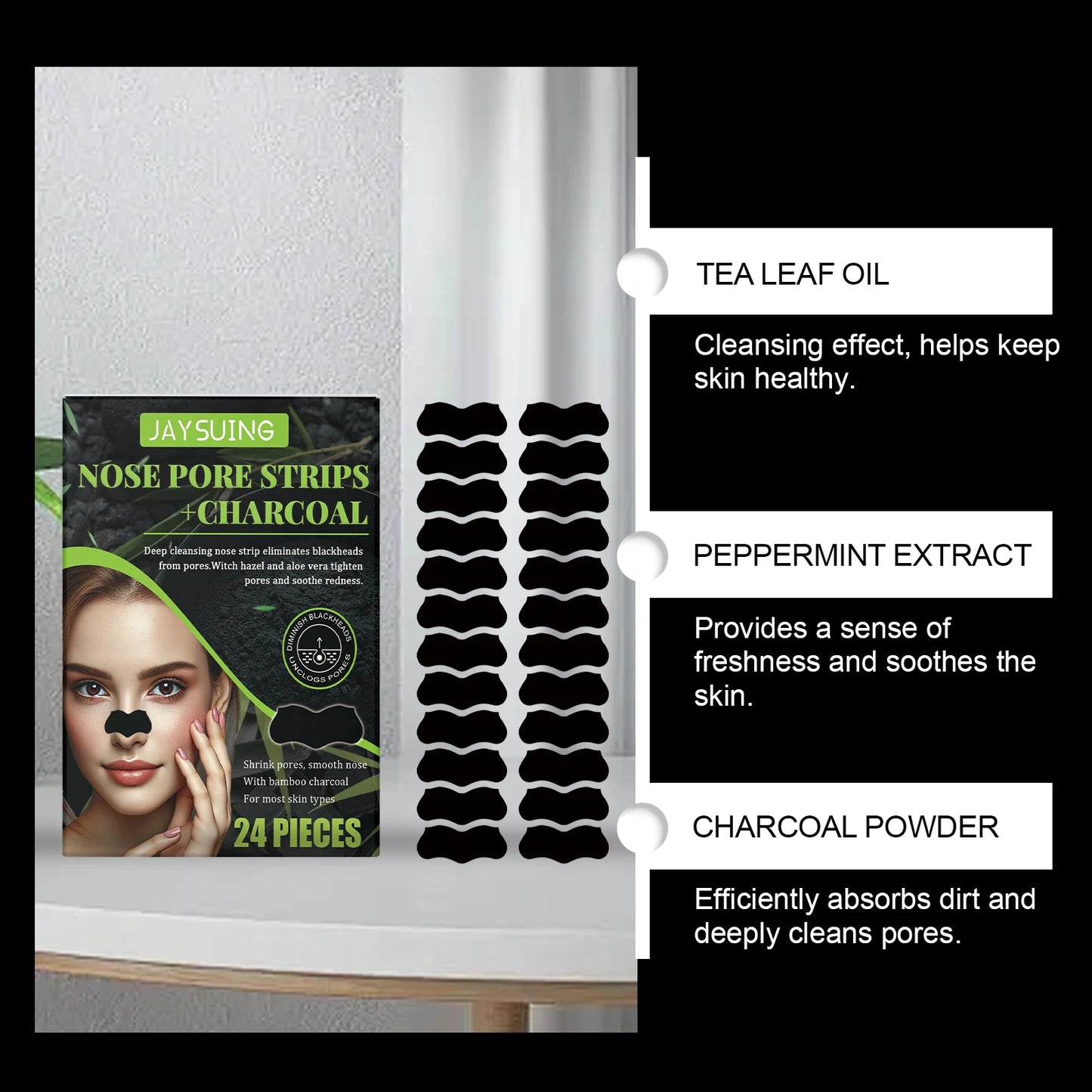 Jaysuing 24-Pack Charcoal Nose Pore Strips – Deep Cleansing