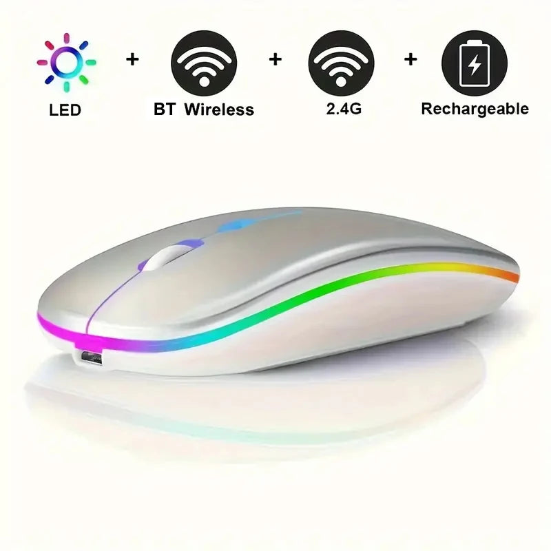 LED Bluetooth-compatible Wireless Mouse 2.4GHz Slim Rechargeable Silent Mice RGB Ergonomic Gaming mouse for Computer Laptop PC Peaceful Pleasures Health and Wellness Sliver