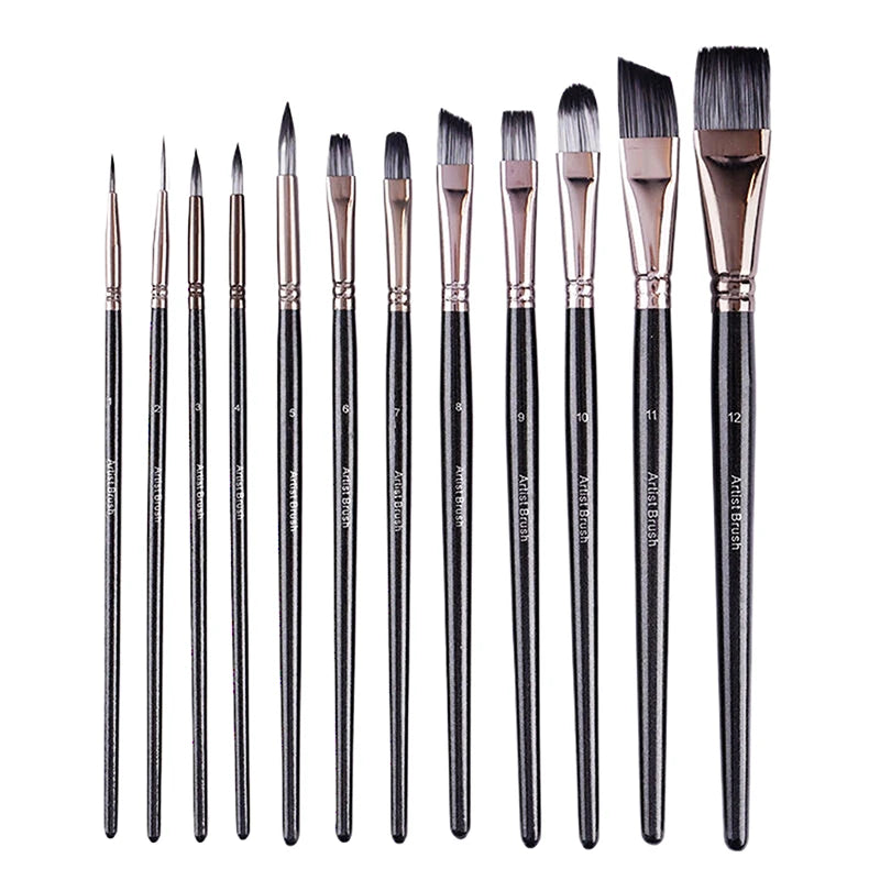 12-Piece Paint Brush Set – Nylon, Acrylic, Watercolor, Oil