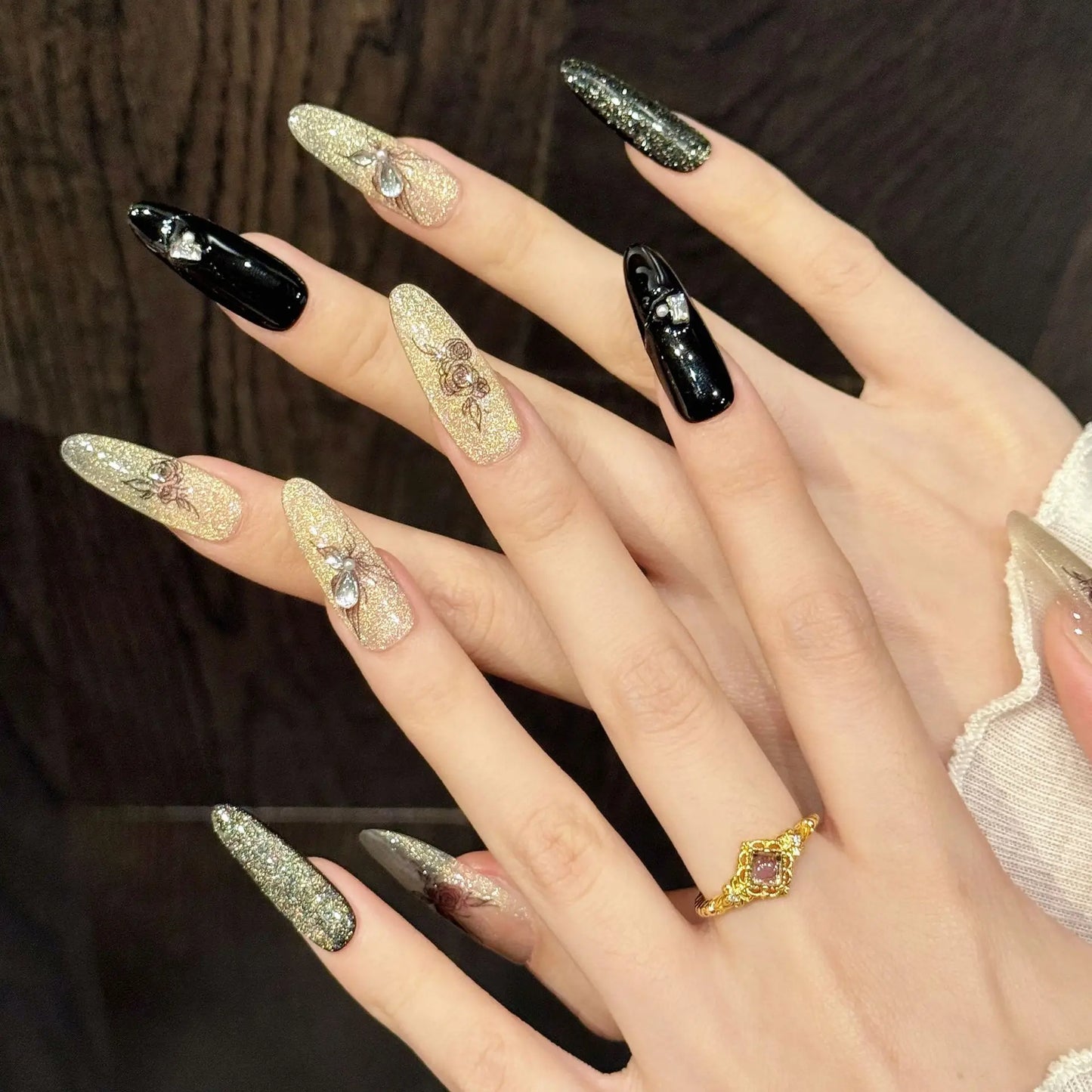 10pcs Handmade Gold Cat Eye Press on Nails Glitter Black Rose Butterfly Design Fake Nails Wearable Ins almond False Nail Tips Peaceful Pleasures Health and Wellness