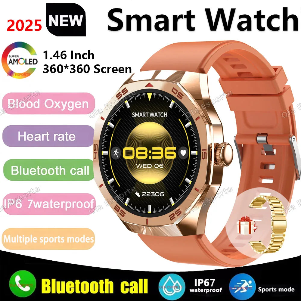 2025 New Smart Watch Men Women AMOLED HD Screen GPS Tracker Bluetooth Call Waterproof 3D Menu Fashion SmartWatch for Android IOS Peaceful Pleasures Health and Wellness Gold Steel
