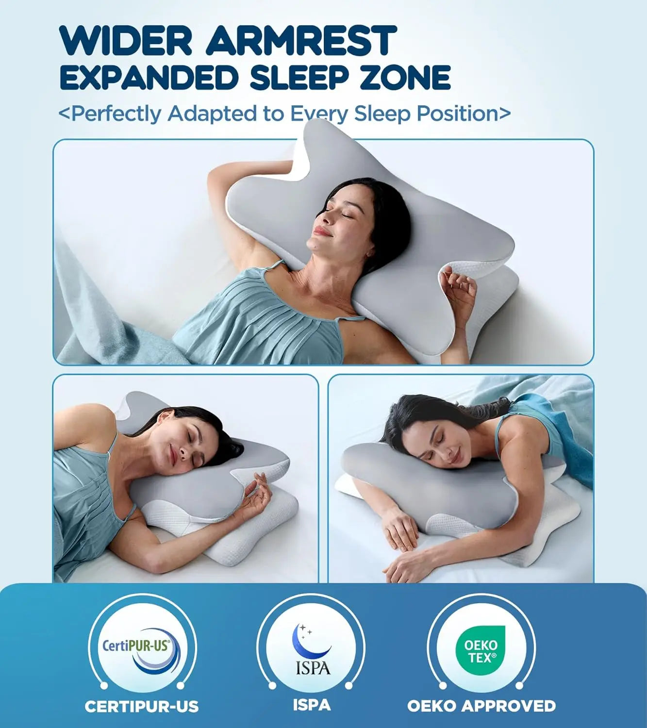 Woman using a contoured pillow with text highlighting its features and certifications on a light blue background.