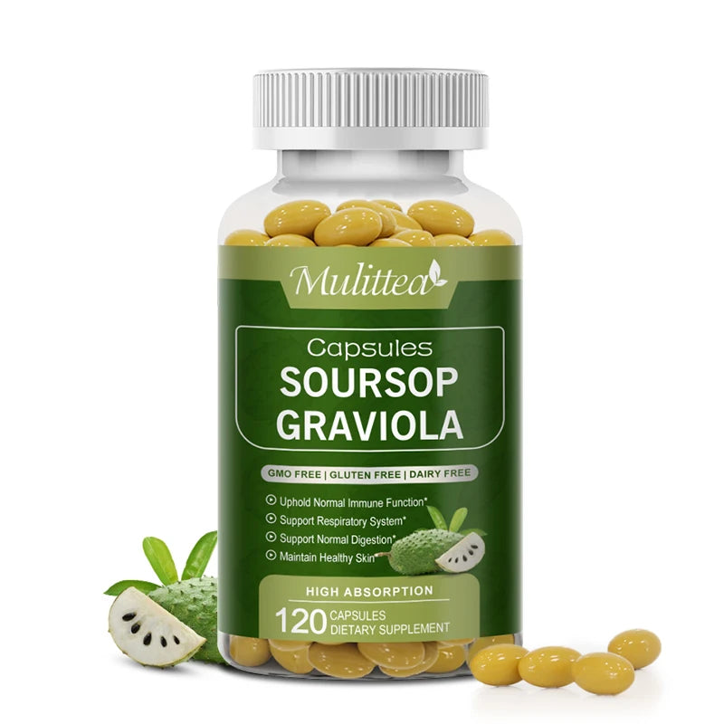 Mulittea Soursop Graviola Capsules – Immune & Digestive Support Herbal Supplements Peaceful Pleasures Health and Wellness 120pcs 1bottles United States