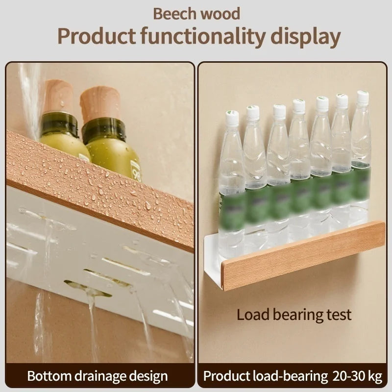 Wall-Mounted Wood & Aluminum Spice Rack with Hooks | Kitchen Organizer