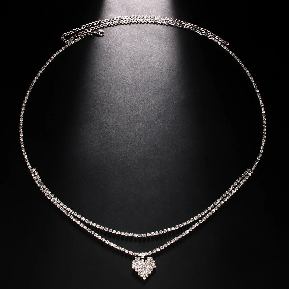 Rhinestone Heart Belly Chain | Double Row Crystal Waist Belt Belly Chain Jewelry Peaceful Pleasures Health and Wellness Silver Plated