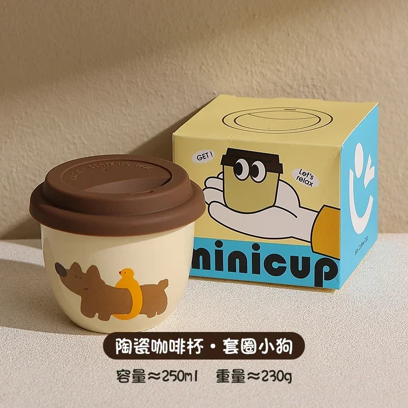 Practical Cute Cartoon Sausage Puppy Cups Exquisite Coffee Cups with Lid One Piece Cups Internet Famous Ceramic Cups Casual Cups Peaceful Pleasures Health and Wellness B 250ML