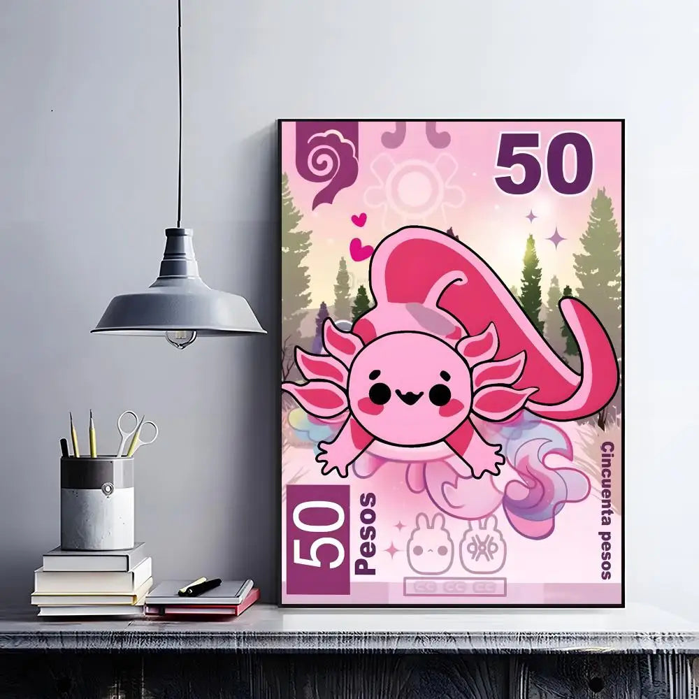 Cute Axolotl Art Poster HD Self Adhesive Waterproof Wall Art Ideal for Home Office Dorm Bedroom Great Gift Peaceful Pleasures Health and Wellness Black7 21X30cmNoframe