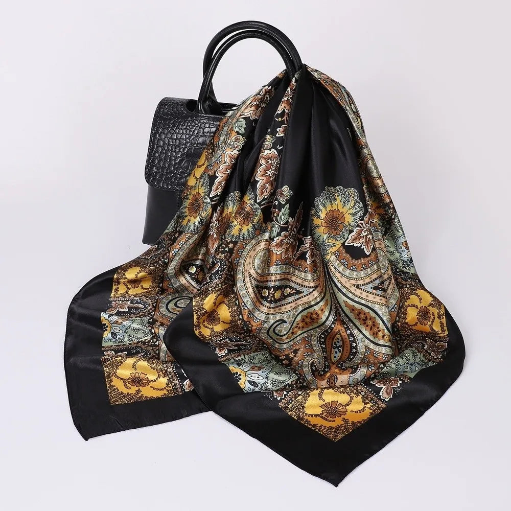 90x90cm Satin Square Scarf – Bohemian Floral Hair Wrap & Shawl