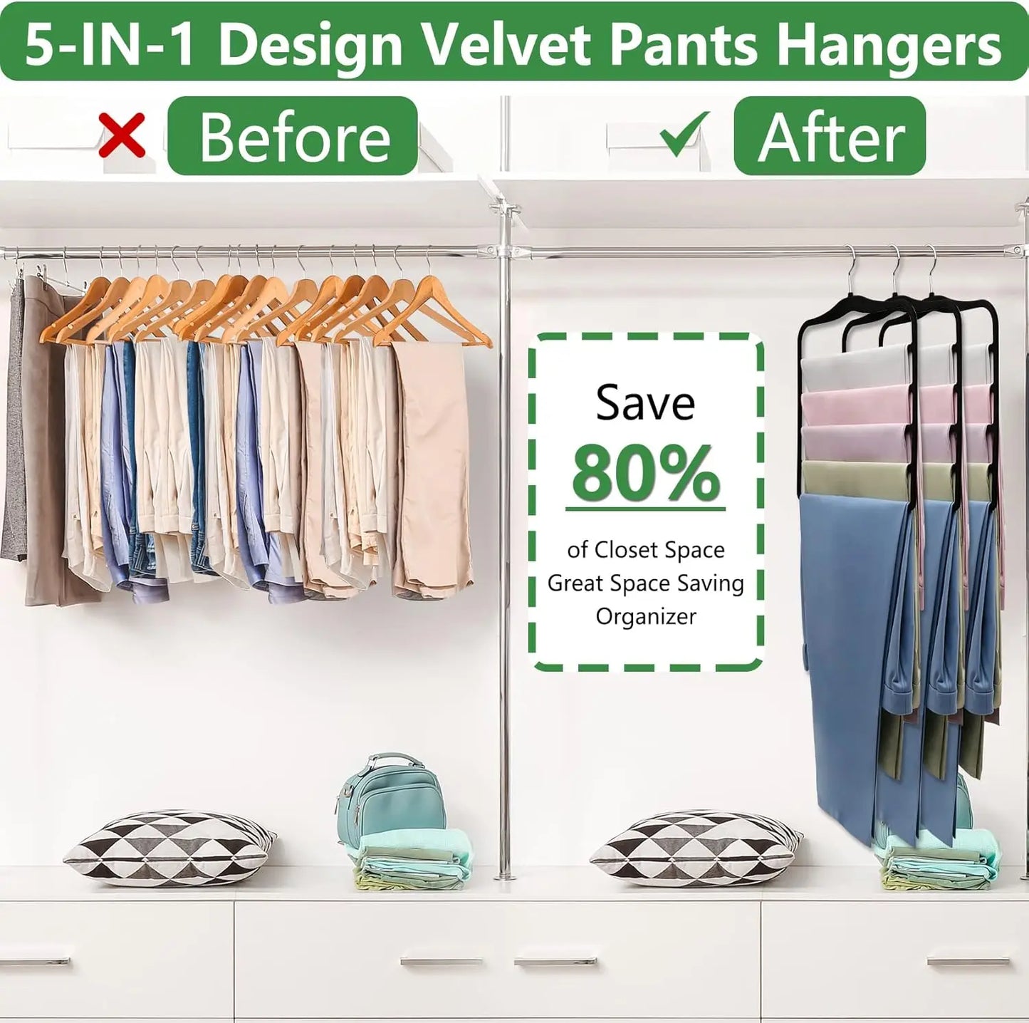 5-in-1 design velvet pants hangers with before and after comparison on a white background