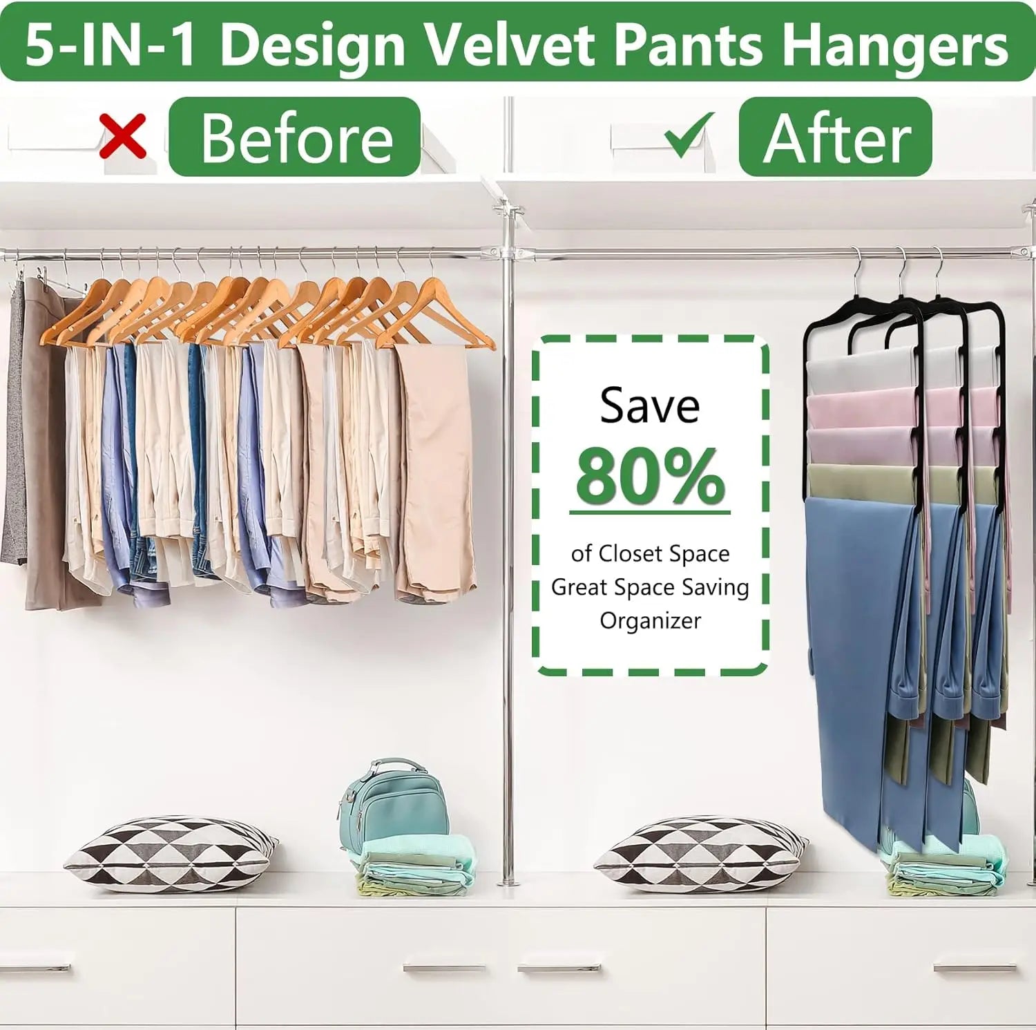 5-in-1 design velvet pants hangers with before and after comparison on a white background
