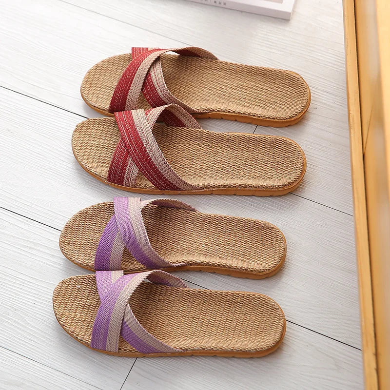 Women's Linen Flat Slippers – Lightweight Open Toe Indoor Slides