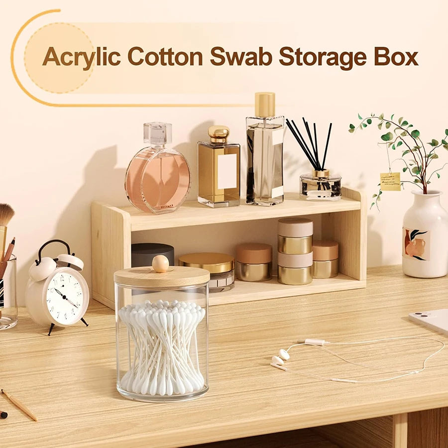 Qtip Holder Clear Apothecary Jar with Bamboo Lid – 10oz Bathroom Organizer Storage Container for Cotton Pads & Swabs