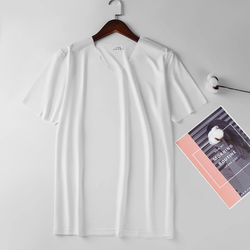 Men's Skinny Shirt Ice Silk Basic Shirts Solid Color Breathable Seamless T-shirt Men Thin Slim Bottoming V-Neck Shirt For Male Peaceful Pleasures Health and Wellness White L