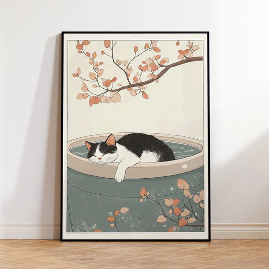 Japanese Cat in Water Canvas Wall Art Print | Home Decor Canvas Wall Art Peaceful Pleasures Health and Wellness G4377 30x40cm Wood Framed