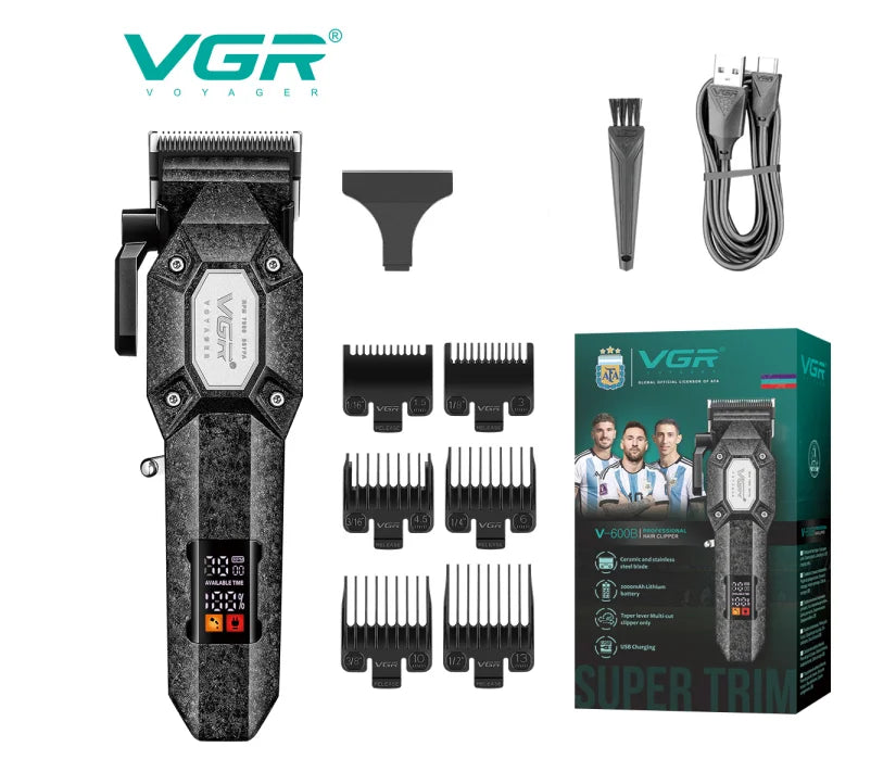 VGR electric men's hair clipper LED intelligent digital hair trimmer frosted multi gear adjustable electric push shear V-600B Peaceful Pleasures Health and Wellness USB