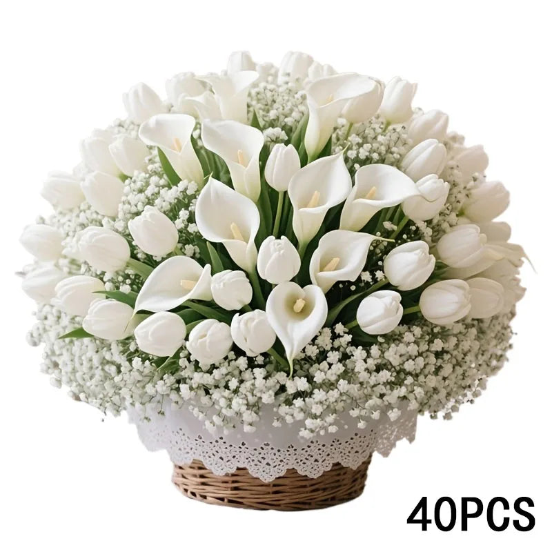 40-Pc Artificial Flower Bouquet – Gypsophila, Tulip & Calla Lily