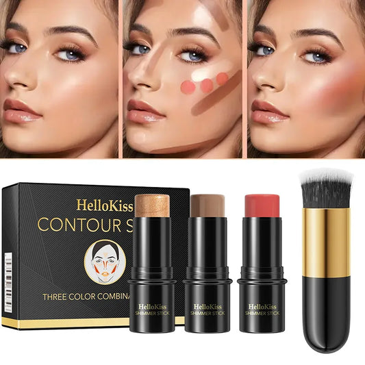 Hello Kiss 4-Piece Cream Contour Kit – Highlight, Blush & Brush Cream Contour Kit Oasis Select