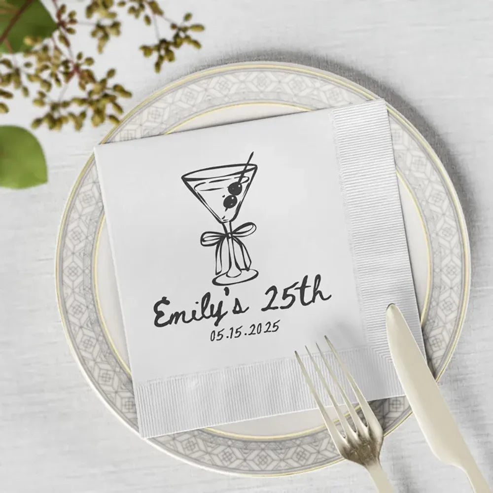Custom 25th Birthday Cocktail Napkins – 20pc Martini Glass Set Party Cocktail Napkins Peaceful Pleasures Health and Wellness