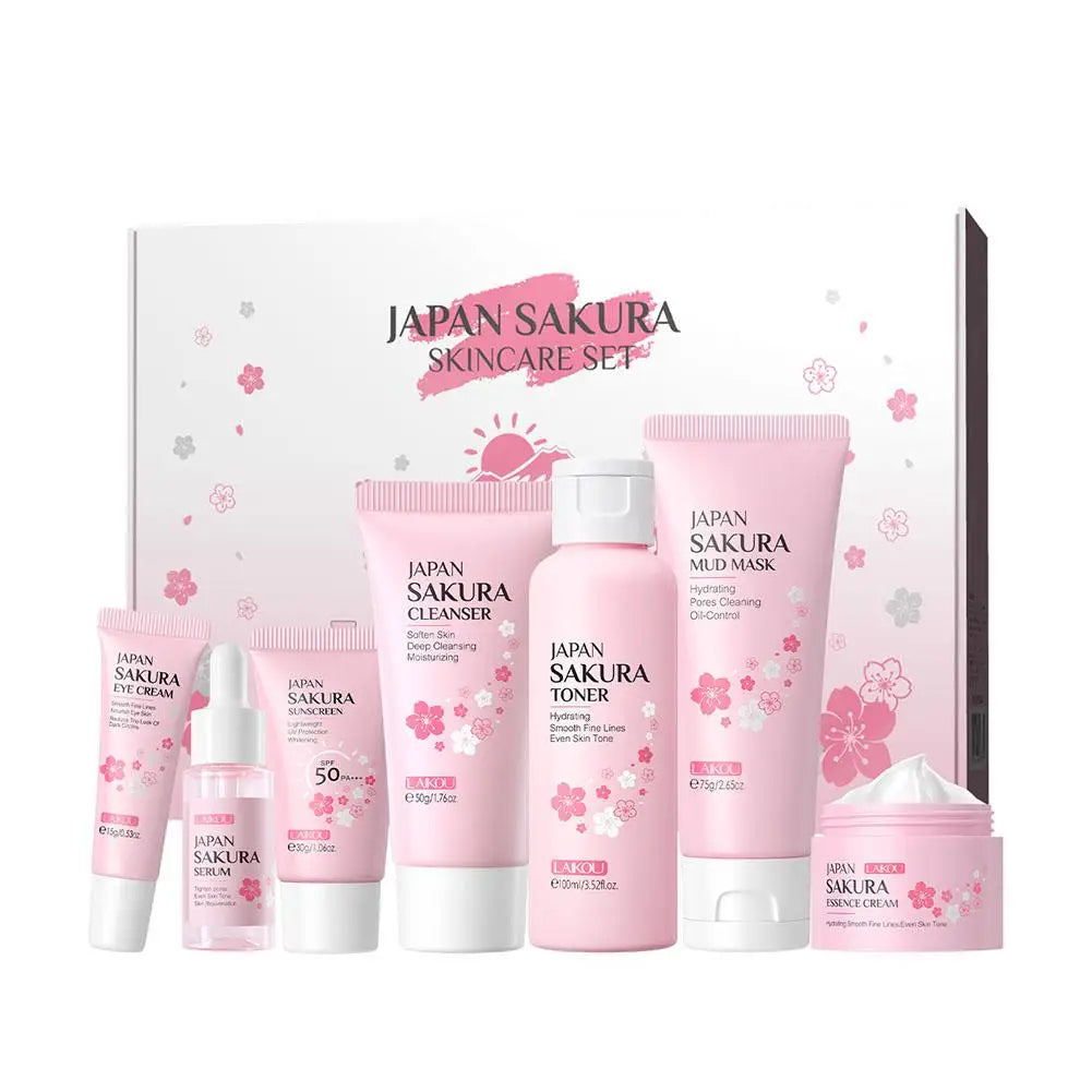 LAIKOU 7-Piece Complete Facial Skincare Set – Cleanser, Toner, Essence, Eye Cream, Cream, Sunscreen & Mud Mask, All Skin Types Peaceful Pleasures Health and Wellness 7pcs KIt