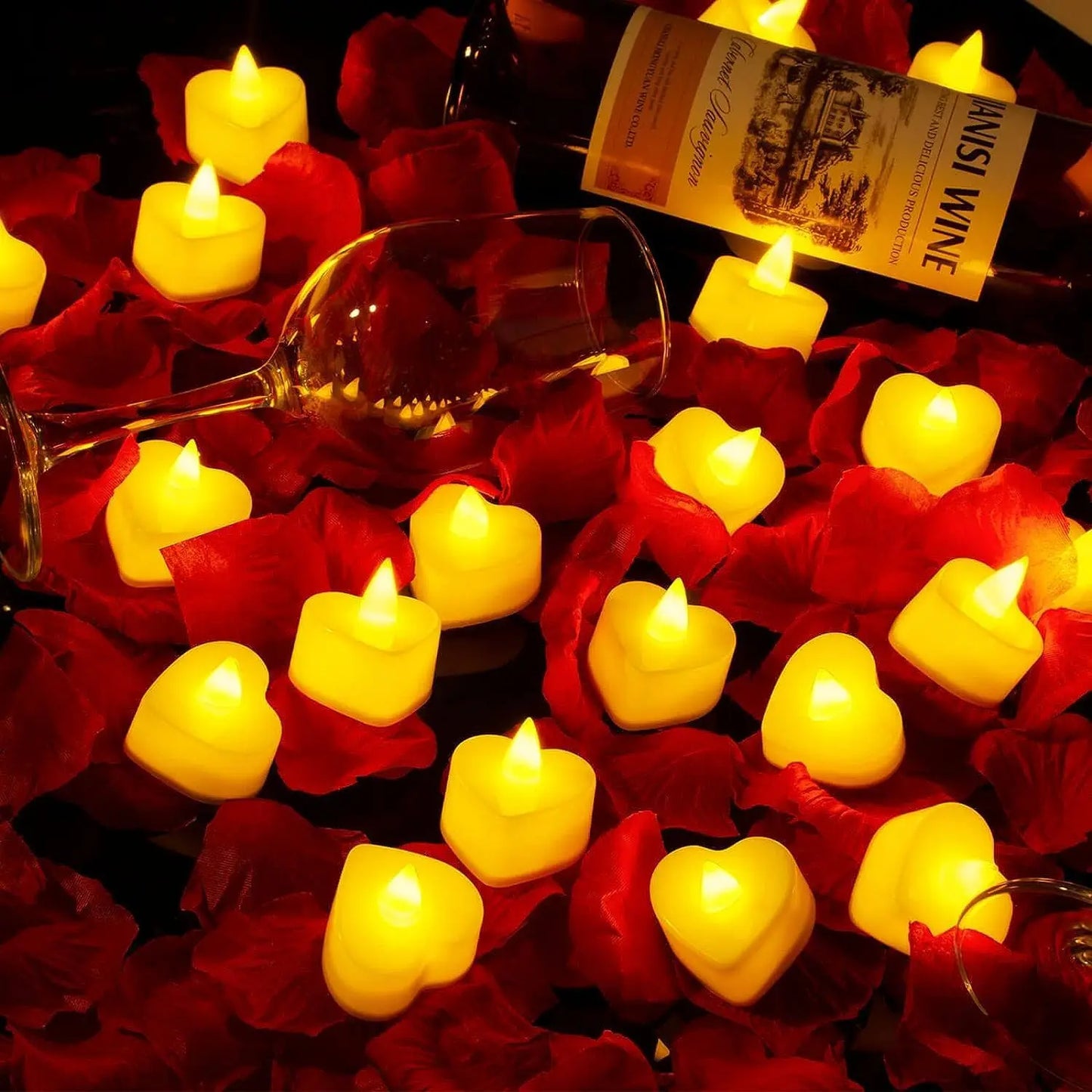 Heart Shape LED Candles Light Flameless Love Candle Light for Marriage Proposal Wedding Valentine's Day Anniversary Thanksgiving Peaceful Pleasures Health and Wellness 24Pc w fake Petals