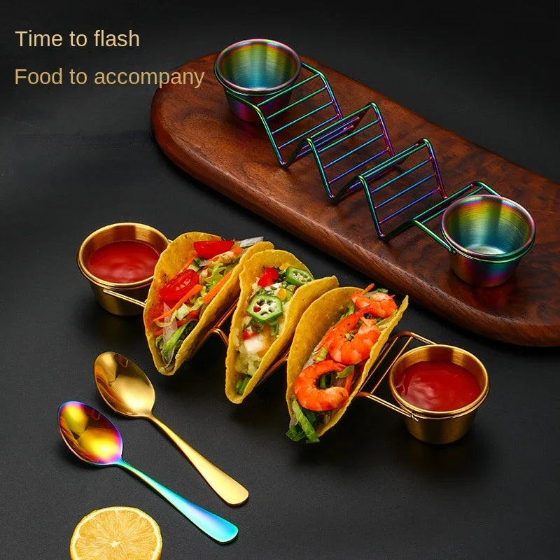 Mexican Restaurant Stainless Steel Pancake Rack Spring Roll Taco Holder Pizza Display Stand with 2pcs Sauce Cup &1 Dessert Spoon Peaceful Pleasures Health and Wellness