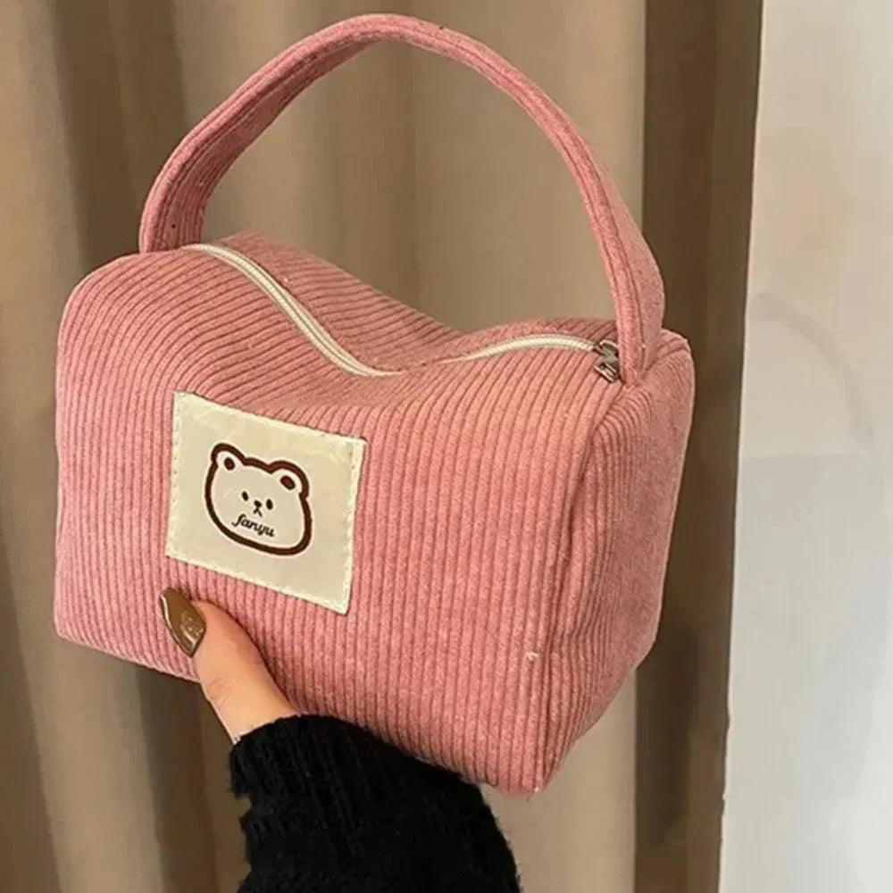 Women's Plush Corduroy Cosmetic Bag – Large Soft Handbag