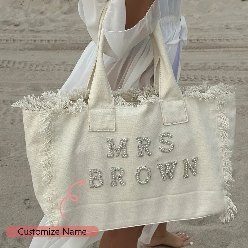 Personalized Mrs Fringe Tote Bag with Pearls | Bridal Gift