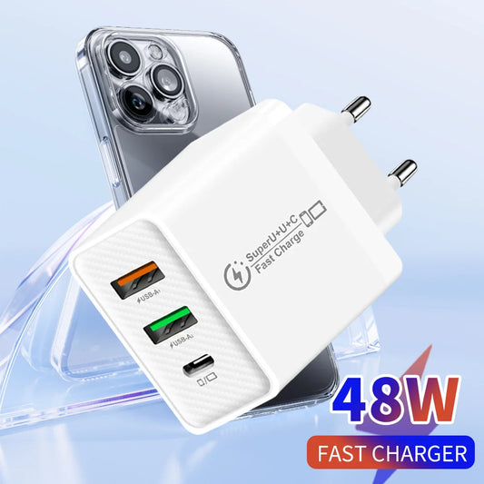 48W USB-C Fast Charger 3-Port PD QC3.0 Wall Adapter EU/US/UK USB-C Wall Charger Peaceful Pleasures Health and Wellness