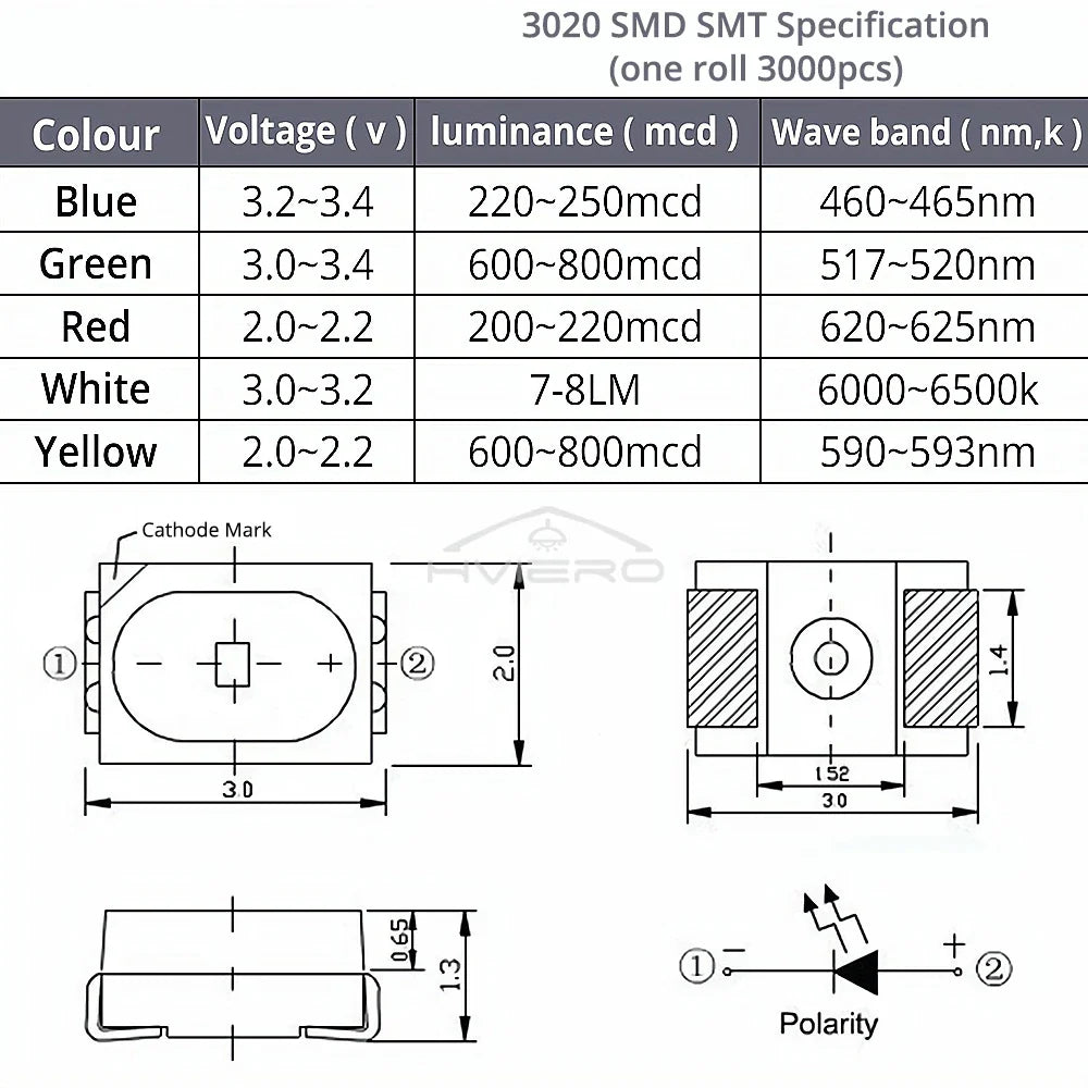 3020 SMD Ultra-Bright LED Chips 100/500pcs | Multi-Color Diodes
