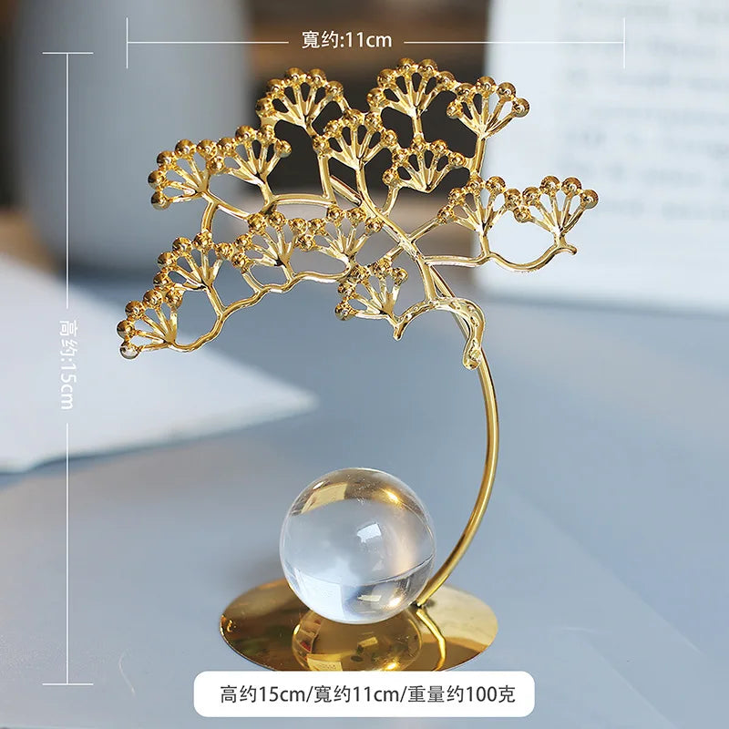 Gold Ginkgo Leaf Iron Crafts Ornaments Light Luxury Crystal Ball Decoration Living Room Wine Cabinet TV Cabinet Art Decoration Peaceful Pleasures Health and Wellness 01