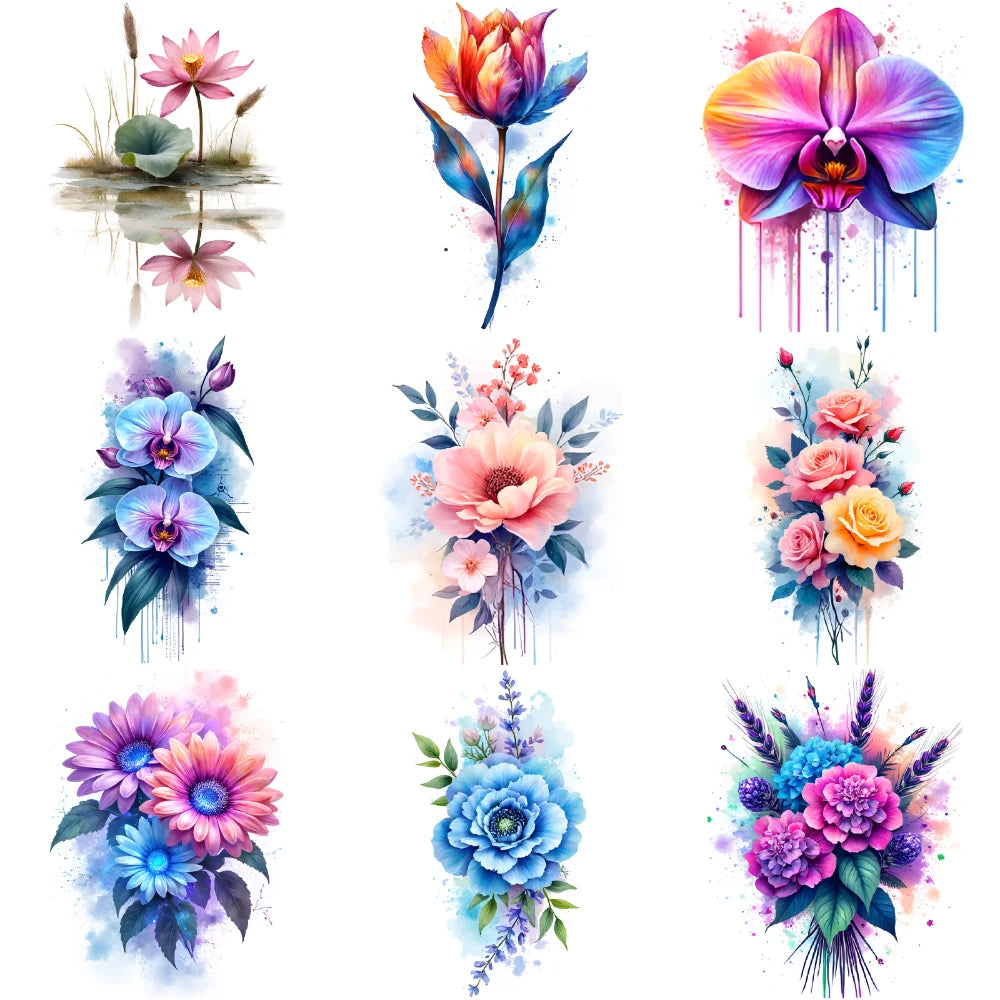 9-Pack Waterproof Temporary Tattoo Stickers – Flowers & Art