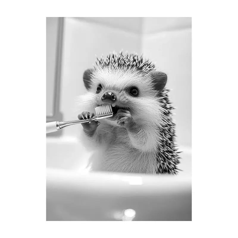 Funny Bathroom Animal Canvas Wall Art | Vintage Brushing Teeth