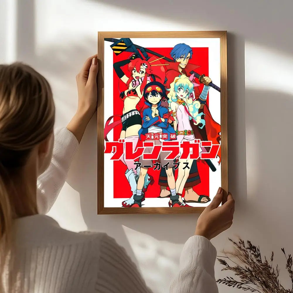 Anime G-Gurren Lagann Poster HD Self Adhesive Waterproof Wall Art Ideal for Home Office Dorm Bedroom Great Gift Peaceful Pleasures Health and Wellness White8 15X20cmNoframe