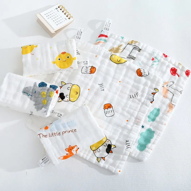 5-Pack Baby Cotton Gauze Washcloths | Soft Cartoon Handkerchiefs