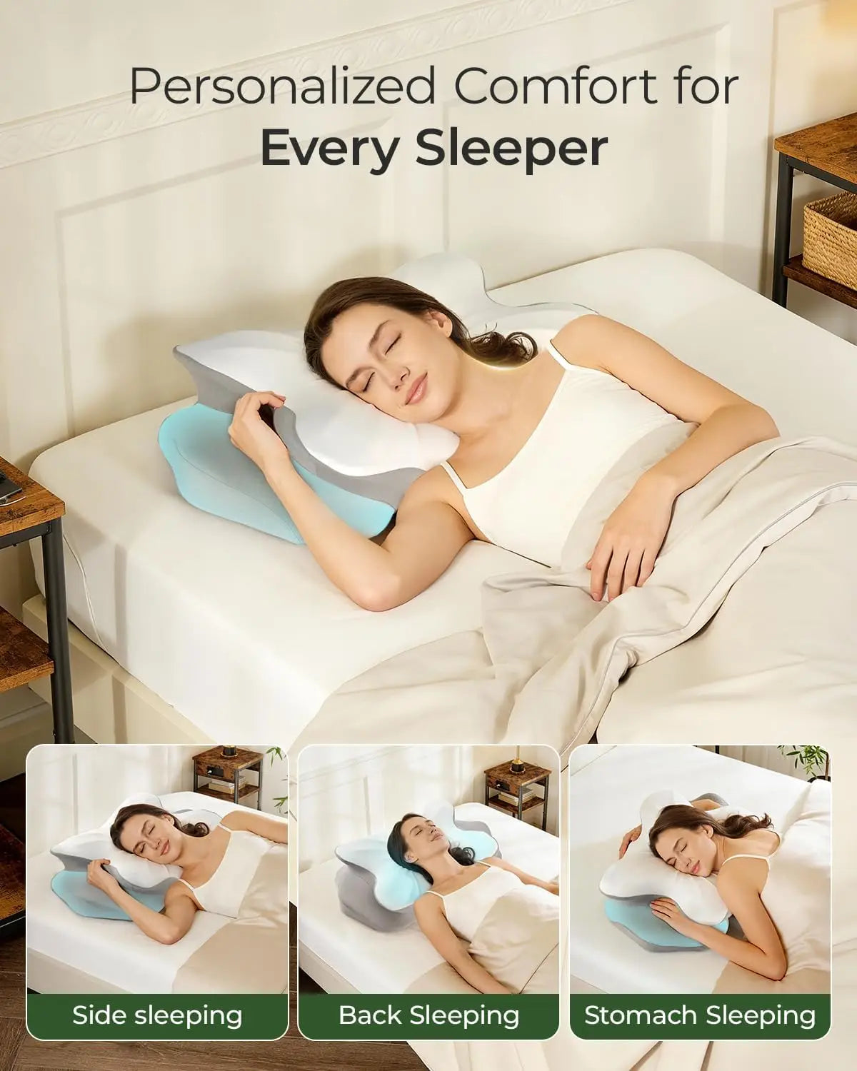 Woman sleeping with a customizable pillow in a bedroom setting, with insets showing different sleeping positions.