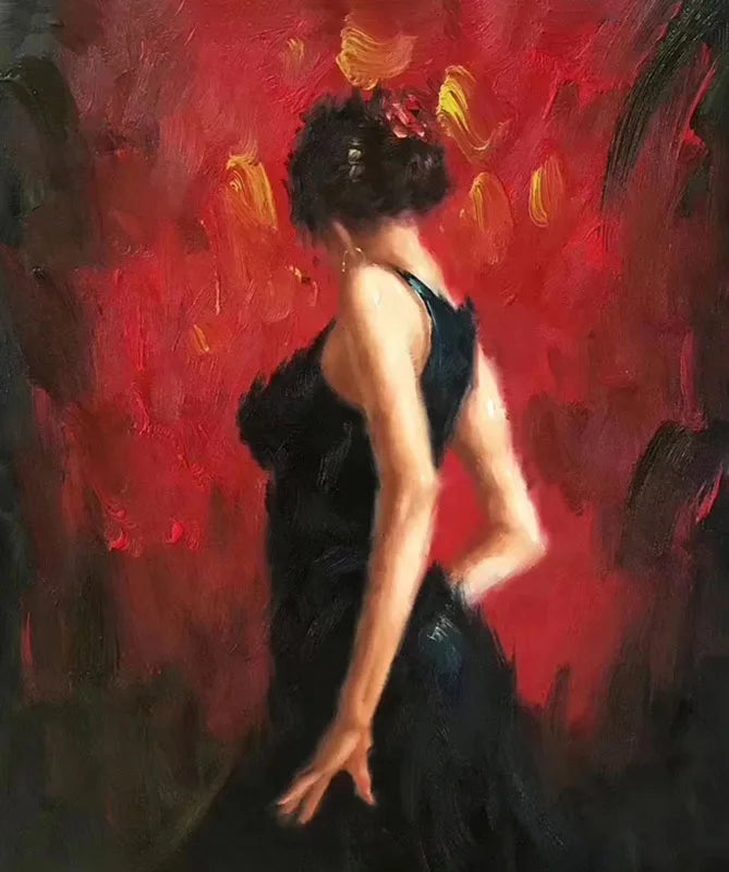 Hand-Painted Dancing Couples Oil Painting | Black & Red Canvas Art