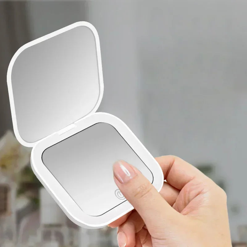 Compact Small Mini Gift Vanity Table Folding Led Lights Portable Hand Held Pocket Makeup Mirror 2X magnifying Peaceful Pleasures Health and Wellness