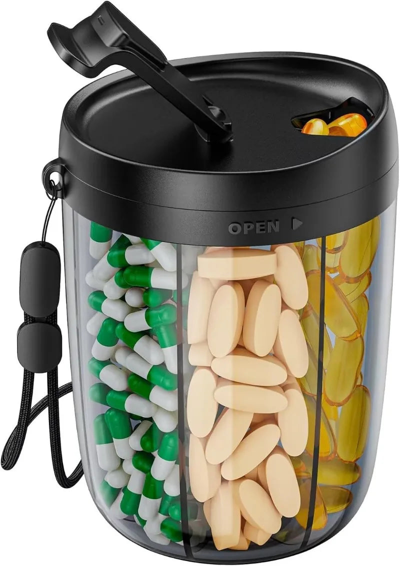 Large Pill Cup Bottle Organizer Supplement Organizer for Holding 6 Various Vitamins Travel Pill Case Box Straw Container Peaceful Pleasures Health and Wellness black