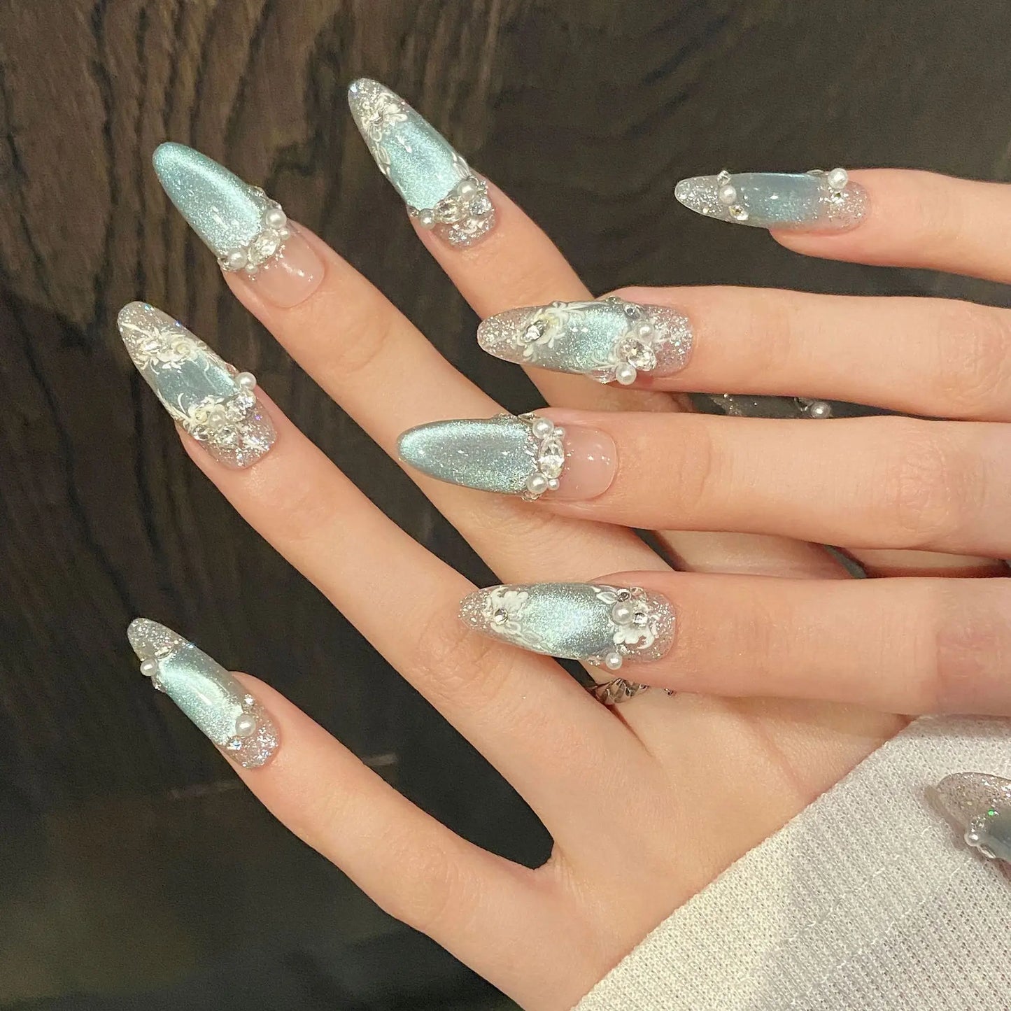 10pcs Handmade Press On Nails – Pink Flower & Cat Eye Design