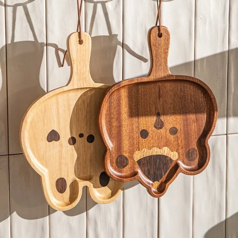 Wooden Cartoon Bear & Rabbit Children’s Serving Tray with Handle | Leaf Shape – Afternoon Tea, Fruit & Dessert